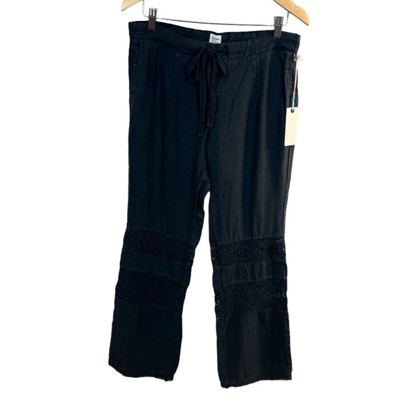 Dylan Linen Pants 8 Black Crochet Straight Leg Pockets Drawstring Womens New NWT - Picture 1 of 13